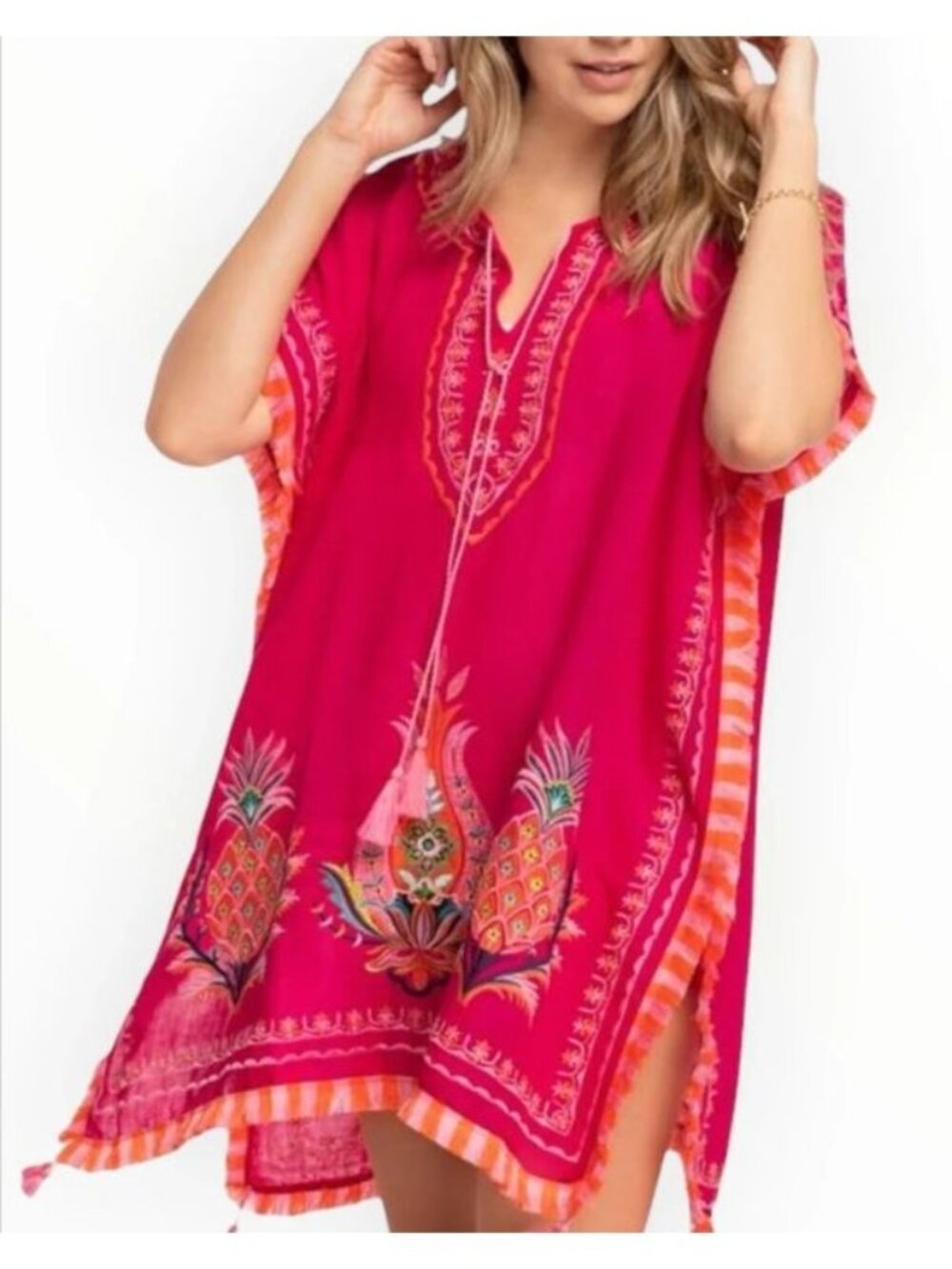Spartina 449 Embroidered Linen Blend Pink Orange Fringe Tassels Swimsuit Cover-u